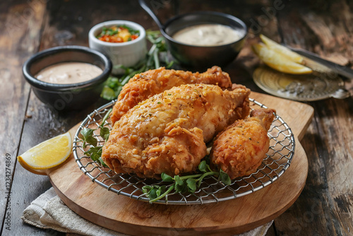 Crispy Fried Chicken with Dipping Sauces on Wooden Board
