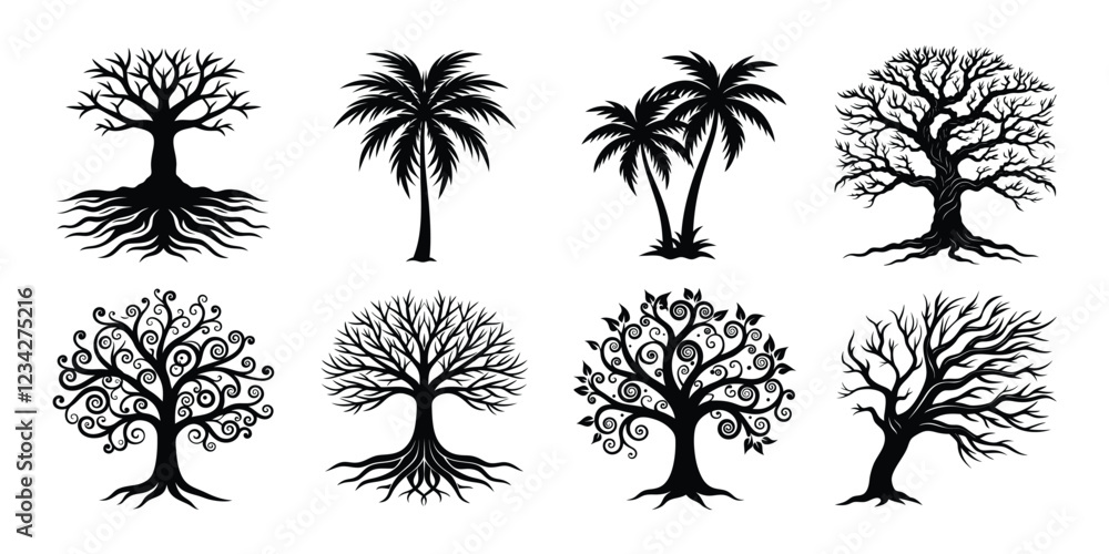 Tree silhouettes set. various trees bundle on white background Tree silhouettes set. various trees bundle on white background