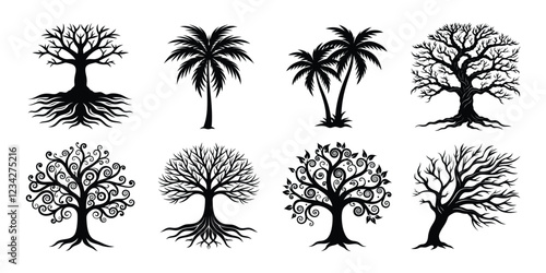 Tree silhouettes set. various trees bundle on white background