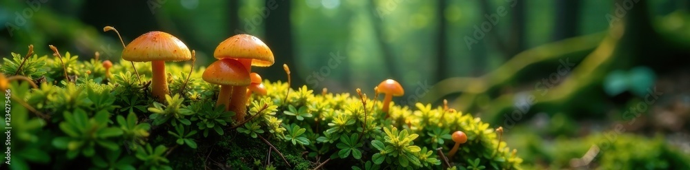 Obraz premium Fungal mycelium growing on green moss in forest undergrowth, mushrooms, forest, wild