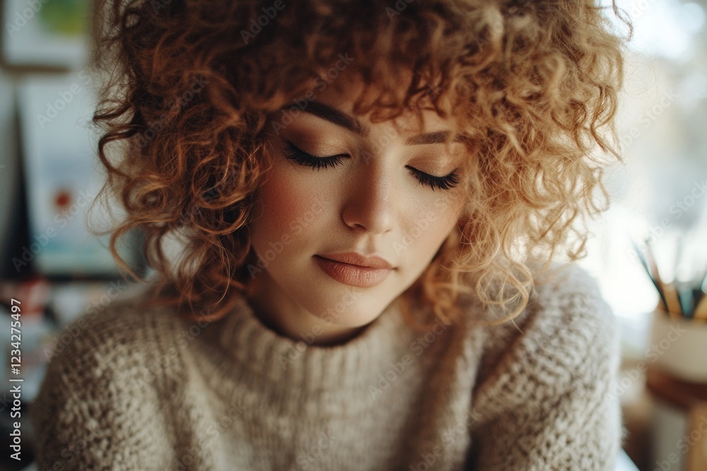 A woman with curly hair looks down at her cell phone, likely checking messages or social media A woman with curly hair looks down at her cell phone, likely checking messages or social media