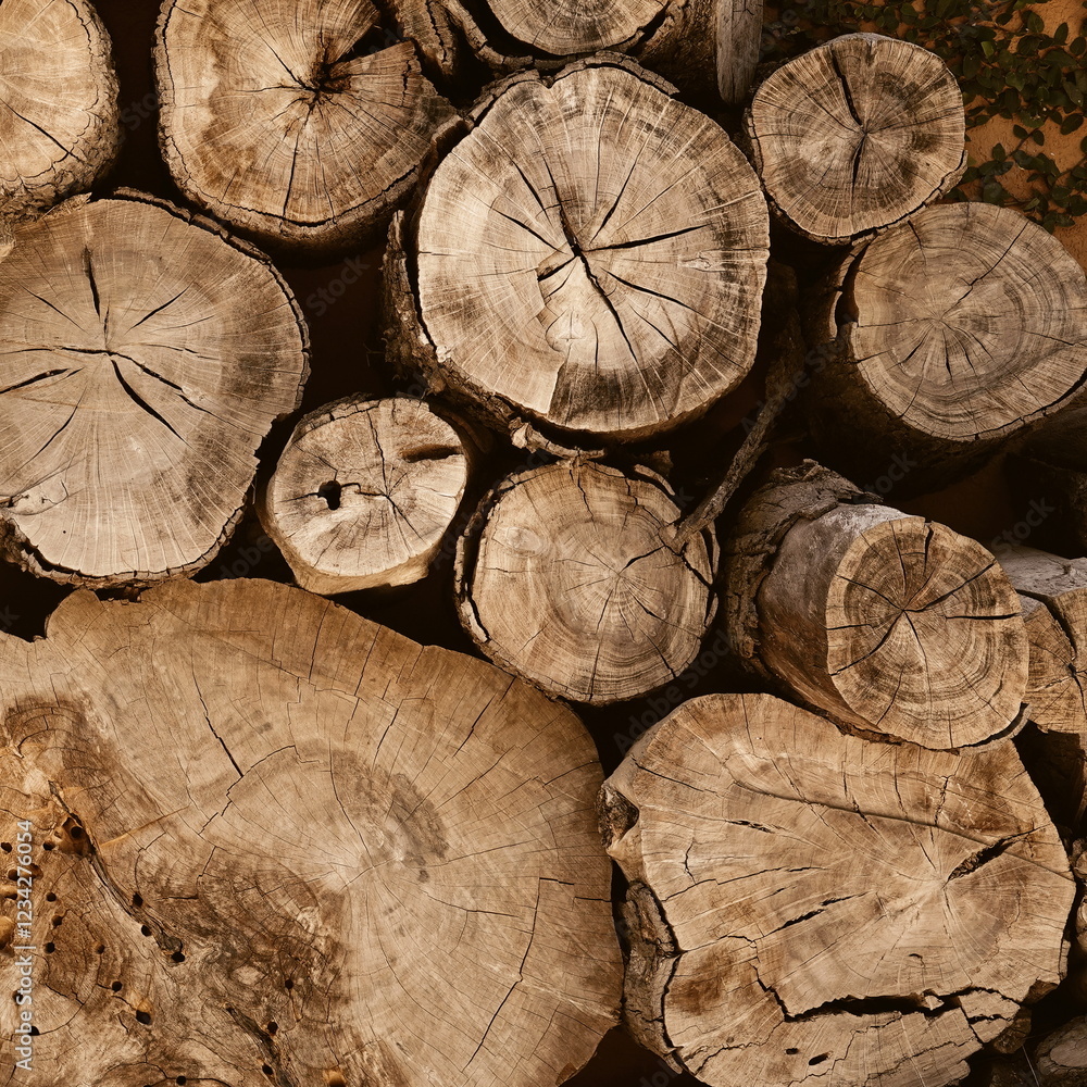 Naklejka premium Wooden Logs Rustic Textured Closeup Brown Natural Renewable Material Stack