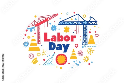 Engaging in the shared excitement of national Labor Day. Side view of american flag, set of tools, safety helmet, work gloves on wooden brown background with empty space for promo or text
