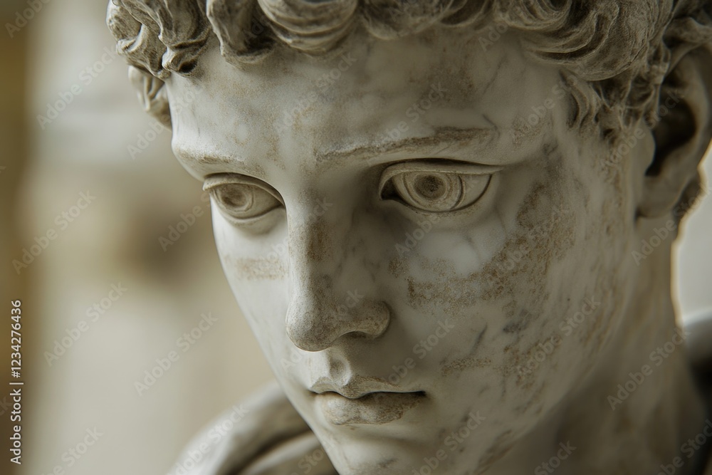 Close up of a statue of a boy, suitable for use in a museum or art gallery context Close up of a statue of a boy, suitable for use in a museum or art gallery context