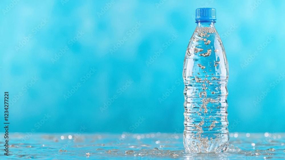 Clear Plastic Water Bottle On Textured Surface Against Light Blue Background Clear Plastic Water Bottle On Textured Surface Against Light Blue Background