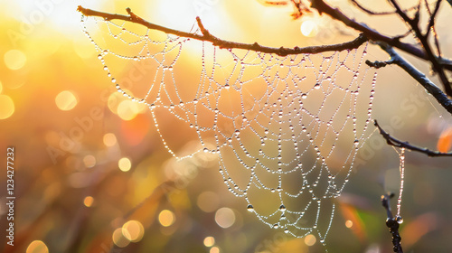 Spider web with water droplets on a tree branch in a natural outdoor setting