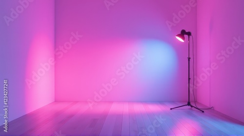 Minimalist room with a floor lamp casting vibrant pink and blue lighting on clean walls and wooden floors, creating a moody and creative ambiance.