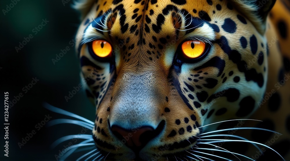 Fototapeta premium Majestic leopard with golden eyes and intricate spotted fur, prowling through the shadows with an intense and focused expression.