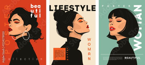Stylish beautiful girls in a flat vector style. Design for posters, advertisements, postcards or greetings, for example, on March 8th