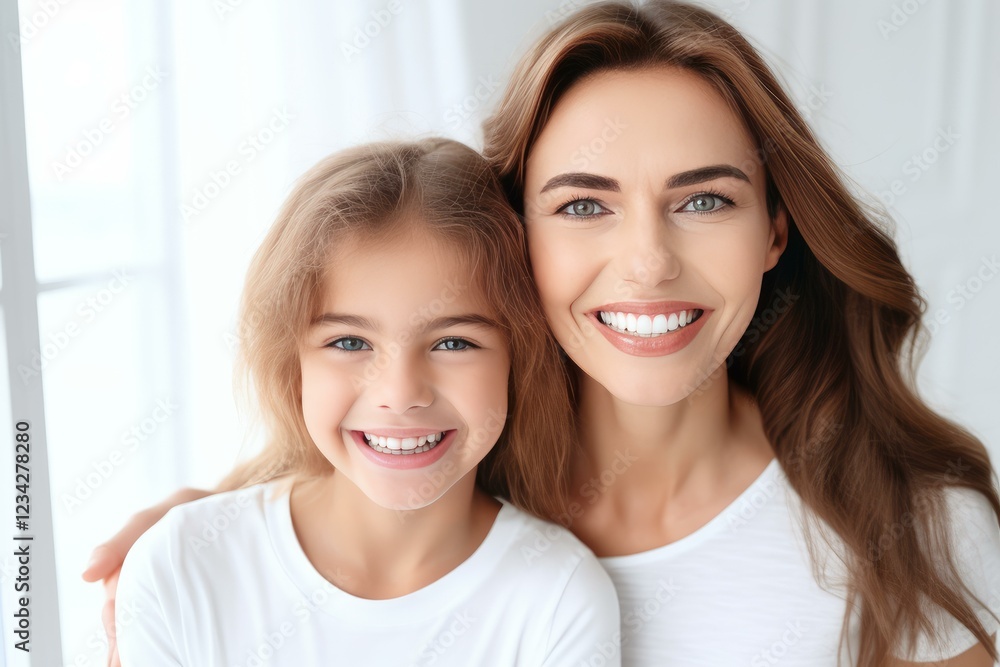 Mother embracing daughter, both showing perfect teeth, highlighting dental health and family connection Mother embracing daughter, both showing perfect teeth, highlighting dental health and family connection