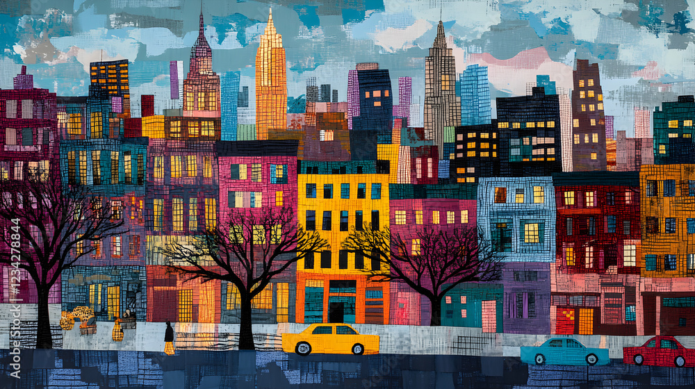 Obraz premium Cityscape Urban Buildings Night City Yellow Cab Tree Art