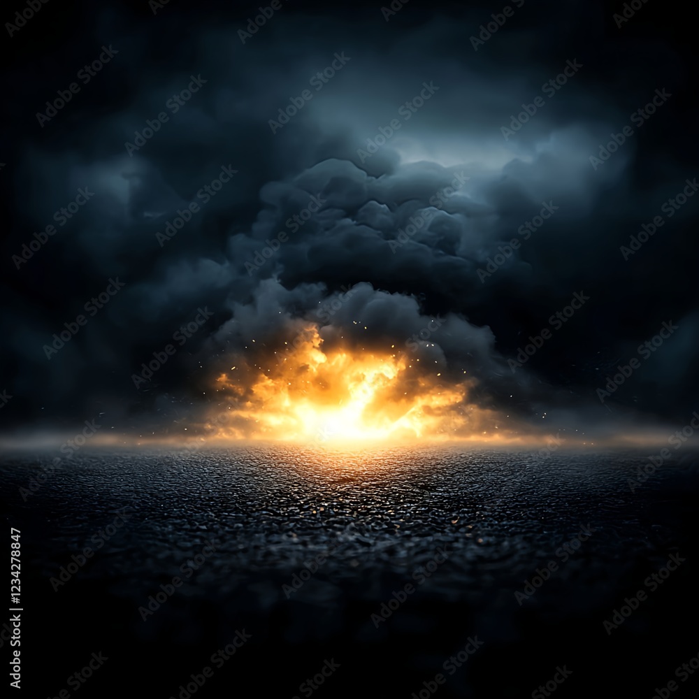 Fototapeta premium Fiery Explosion Under Dark Storm Clouds
