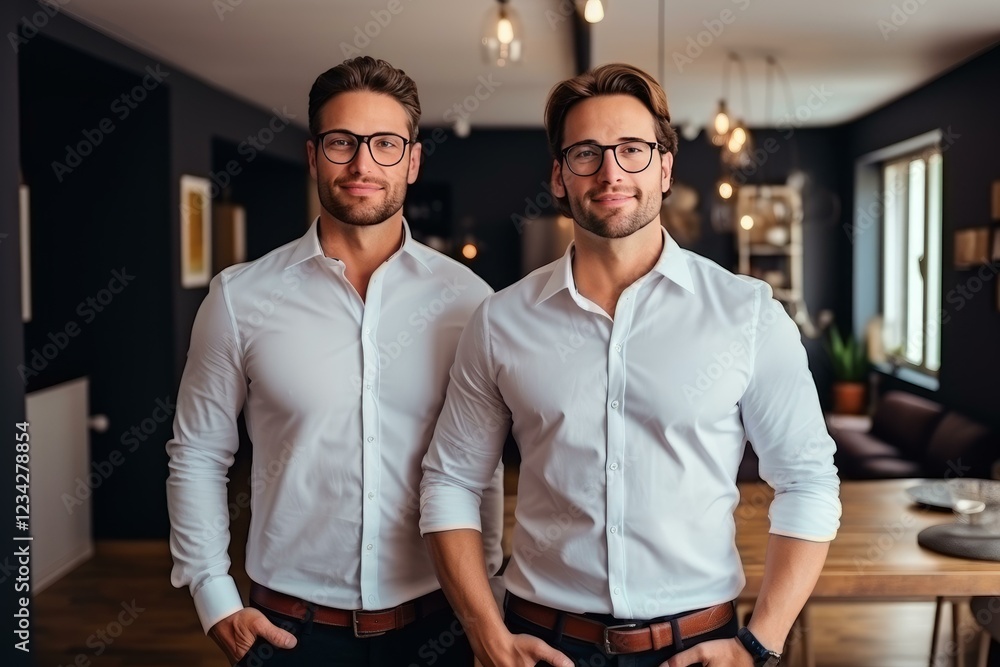 Obraz premium Two handsome businessmen wearing white shirts and eyeglasses posing in modern office