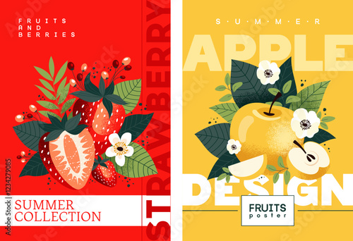 Set of fruit posters. Strawberries and apples with tropical leaves in stylish flat graphics. Template for advertising, prints, packaging and printing