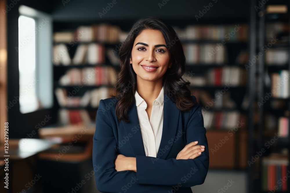 Portrait of a successful lawyer smiling with crossed arms in a law firm library, looking confident and professional Portrait of a successful lawyer smiling with crossed arms in a law firm library, looking confident and professional