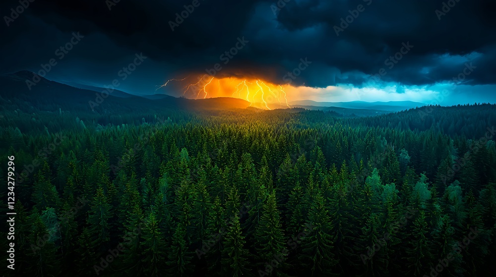Fototapeta premium Fiery Fireworks Over a Dark Forest at Night