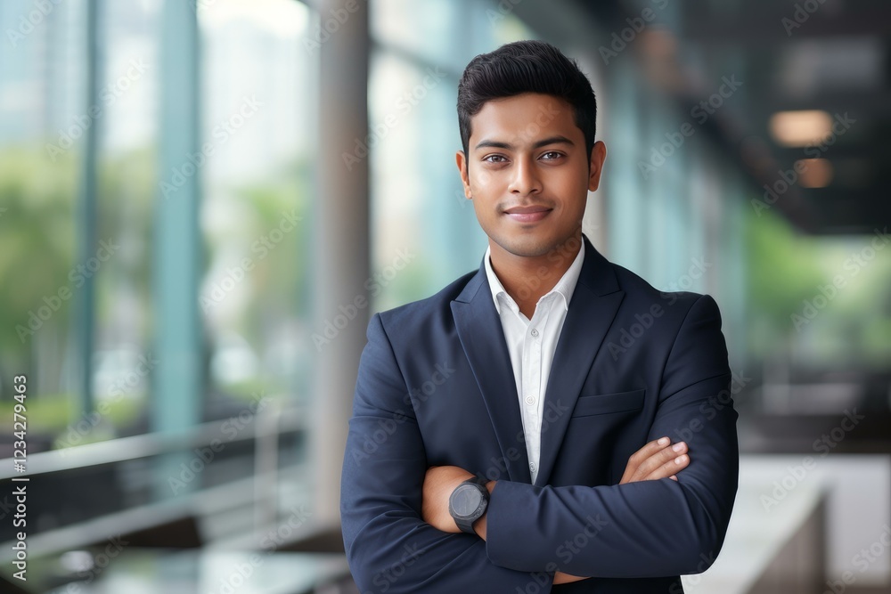 Young business professional exuding confidence and success in a corporate setting Young business professional exuding confidence and success in a corporate setting