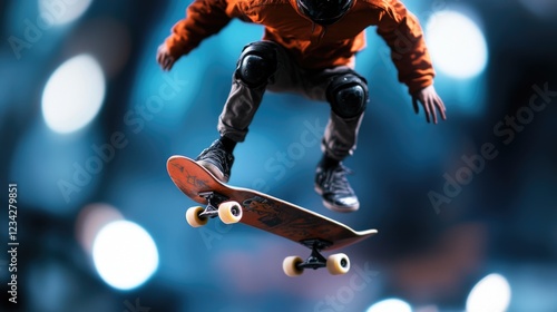 A man in an orange jacket is skateboarding, performing a trick photo