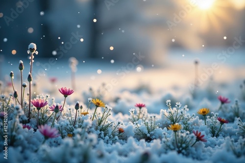 Snowflakes fall delicately on a frozen meadow with wildflowers, meadow, frozen