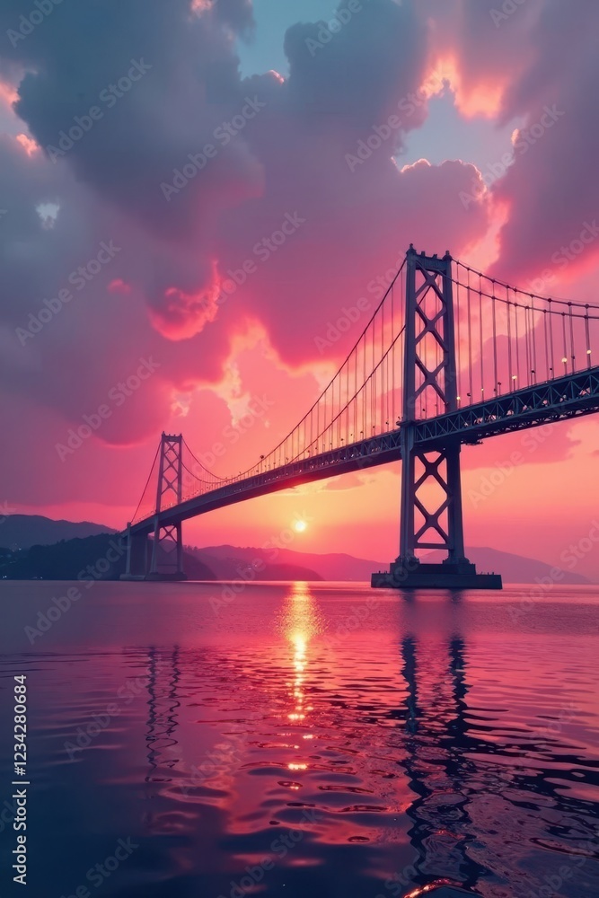 Soft pink and orange tones of sunset paint suspension bridge against grey clouds, sunset, suspension bridge Soft pink and orange tones of sunset paint suspension bridge against grey clouds, sunset, suspension bridge