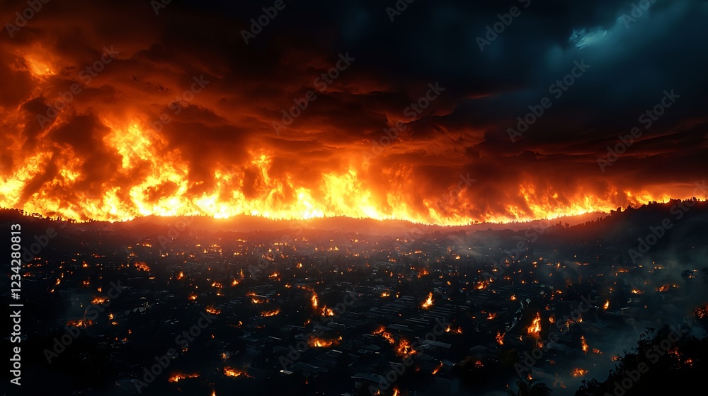 Fototapeta premium Fiery Inferno Consumes Cityscape Under Stormy Night
