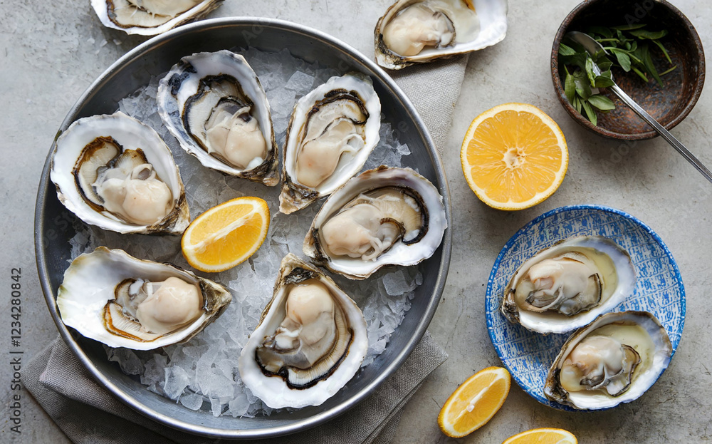 Fresh Oysters on Ice with Lemon, Ready to Enjoy Fresh Oysters on Ice with Lemon, Ready to Enjoy