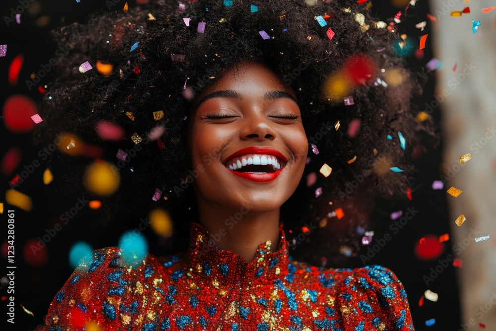 Celebration with joyful woman smiling surrounded by colorful confetti during a festive event Celebration with joyful woman smiling surrounded by colorful confetti during a festive event
