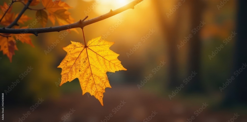 Solo yellow leaf hanging from a bare branch in autumn dusk, autumn, foliage Solo yellow leaf hanging from a bare branch in autumn dusk, autumn, foliage