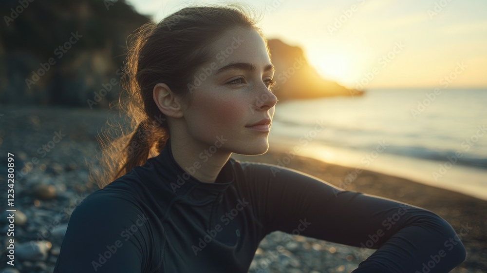 Serene Seascape with Woman in Athletic Gear Serene Seascape with Woman in Athletic Gear