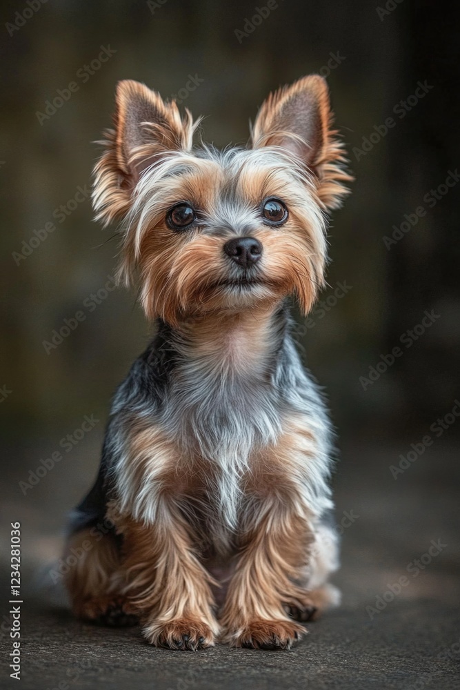 A small brown and black dog sits on the floor, looking up A small brown and black dog sits on the floor, looking up