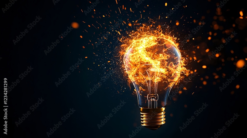 Fiery Lightbulb Explosion on Dark Background Fiery Lightbulb Explosion on Dark Background
