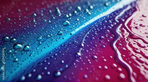 Abstract close-up of a wet surface with flowing purple, blue, and pink gradients, enhanced by scattered water droplets, creating a vibrant and fluid, dynamic texture.