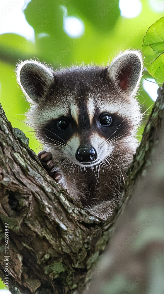 Fototapeta premium HD Phone Wallpaper Adorable Baby Raccoon Hiding in Tree Wildlife Nature Close Up