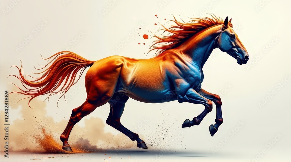 Artistic depiction of a galloping horse with a fiery orange and red mane, symbolizing freedom, power, and dynamic energy in a surreal, creative setting. Artistic depiction of a galloping horse with a fiery orange and red mane, symbolizing freedom, power, and dynamic energy in a surreal, creative setting.