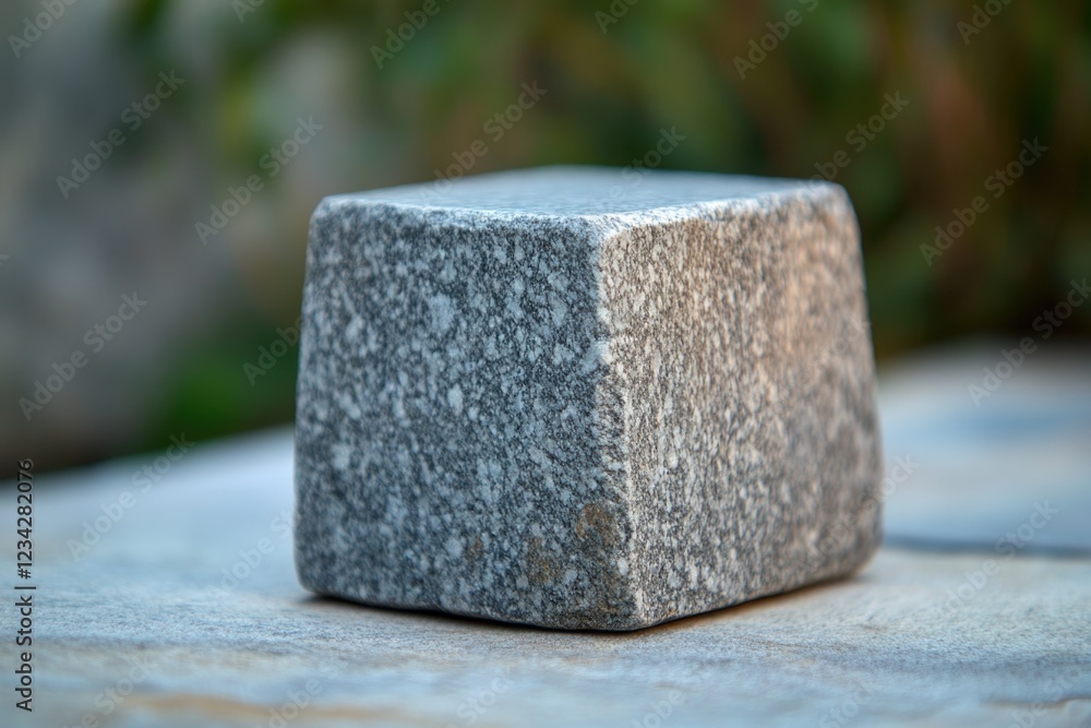 A stone block sitting on a table, possibly used as a decorative or architectural element A stone block sitting on a table, possibly used as a decorative or architectural element