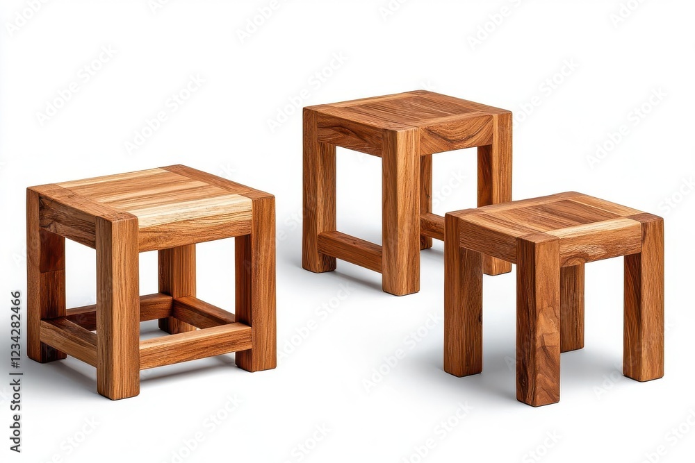 Set of three wooden stools with a stylish design, perfect for modern interiors or outdoor seating areas. Set of three wooden stools with a stylish design, perfect for modern interiors or outdoor seating areas.