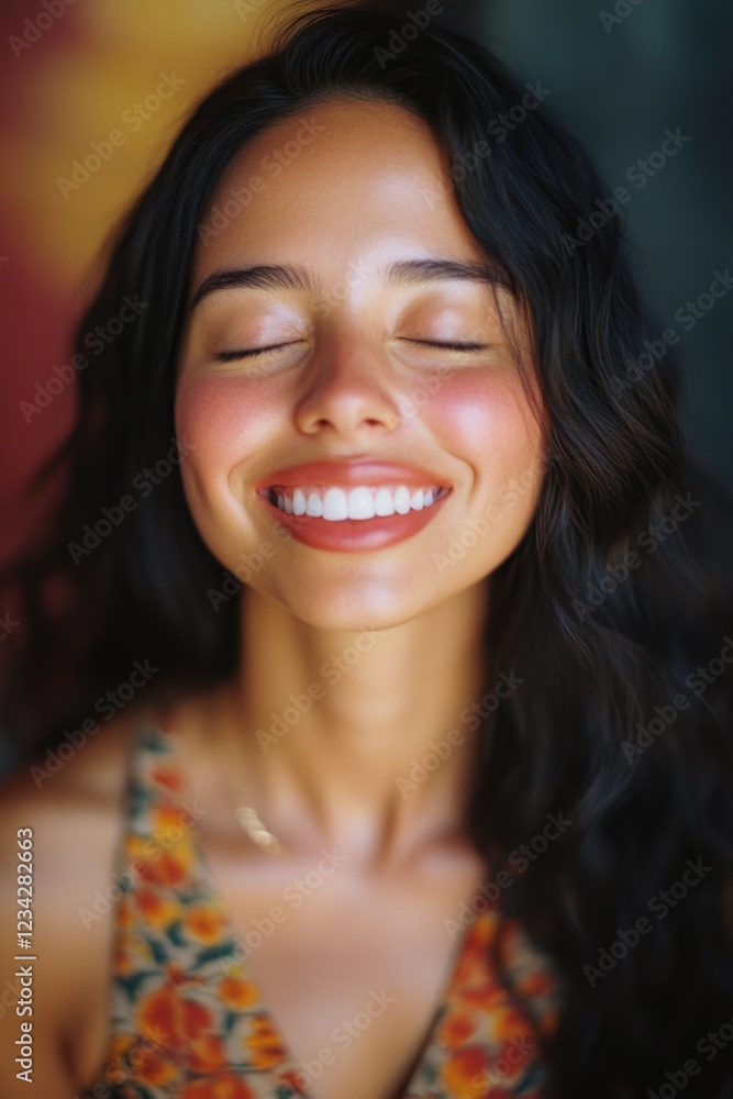 A photo of a happy woman smiling with her eyes closed, ideal for use in illustrations or graphics A photo of a happy woman smiling with her eyes closed, ideal for use in illustrations or graphics