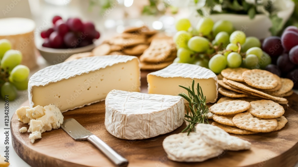 A table set with organic cheeses, crackers, and grapes A table set with organic cheeses, crackers, and grapes