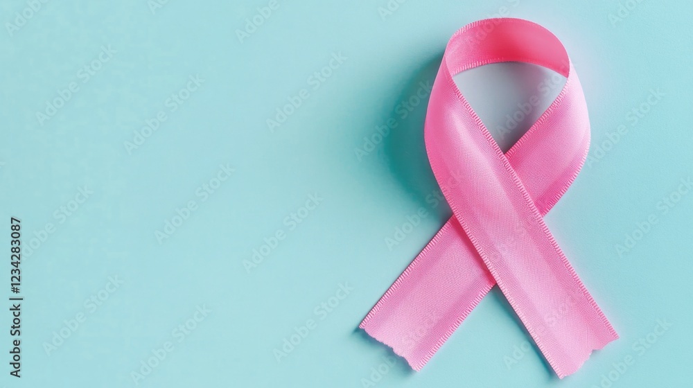 A single pink ribbon sits against a bright blue background, perfect for promoting breast cancer awareness or adding a pop of color to any design A single pink ribbon sits against a bright blue background, perfect for promoting breast cancer awareness or adding a pop of color to any design