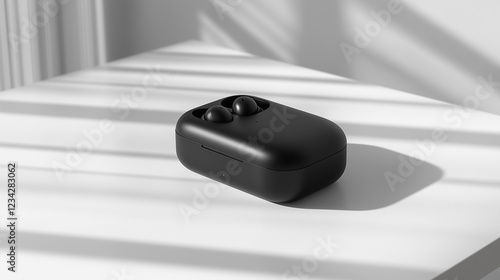 A sleek, high-end wireless earbud case in matte black, placed on a pristine white surface with soft shadows. The design is ultra-modern, with subtle reflections enhancing the premium aesthetic photo