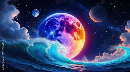 Surreal fantasy landscape featuring a glowing planet rising over crashing ocean waves beneath a starry sky, with vibrant colorful lights illuminating the clouds and water in an otherworldly glow.