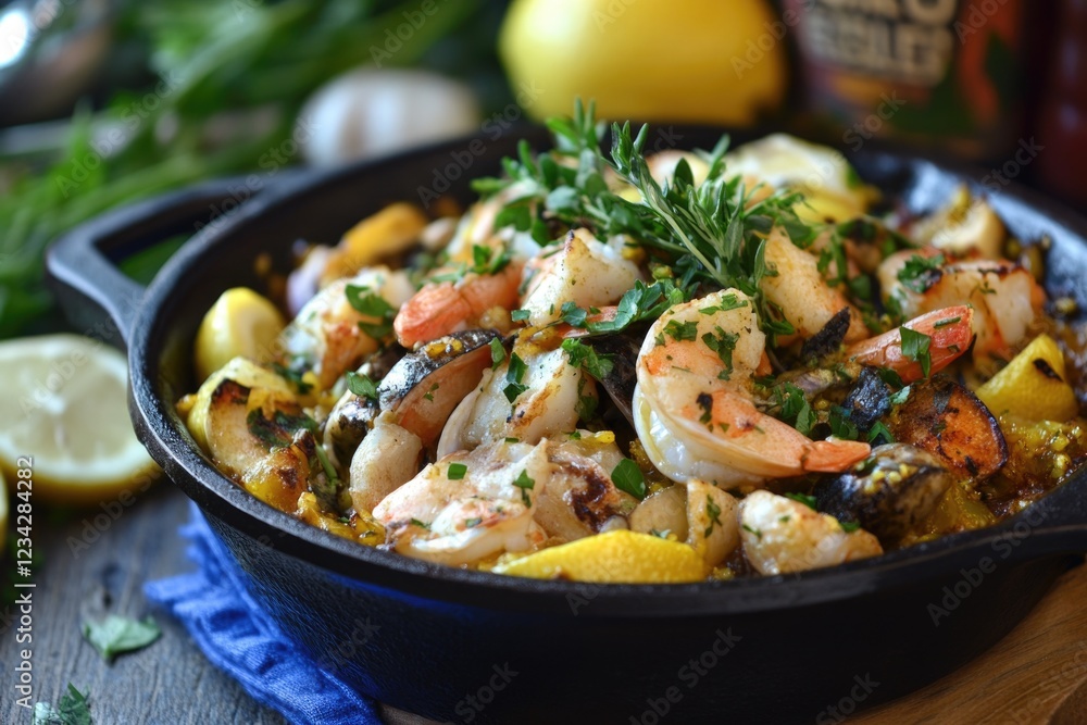 Fresh shrimp cooked in a flavorful skillet with lemons and herbs Fresh shrimp cooked in a flavorful skillet with lemons and herbs
