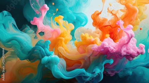 Vibrant, colorful ink clouds swirling underwater, blending shades of blue, pink, yellow, and orange in a mesmerizing flow, creating dynamic, fluid textures with artistic movement and abstract depth.