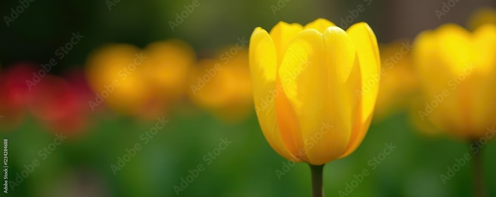 Single yellow tulip with cup-shaped petals unfolding, closeup, garden Single yellow tulip with cup-shaped petals unfolding, closeup, garden
