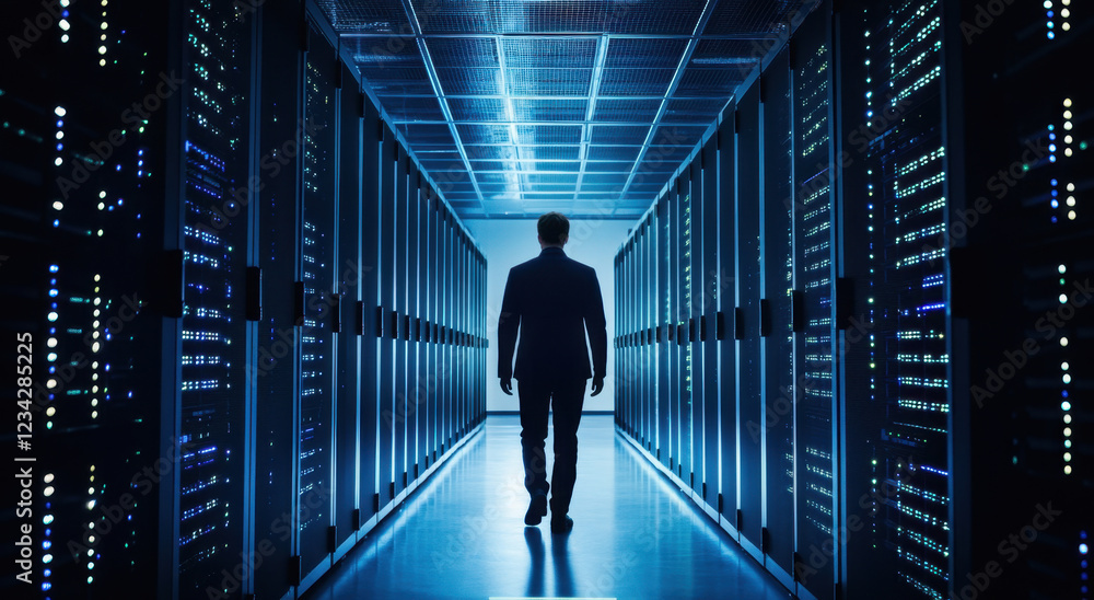 An IT worker is seen walking alone in a dimly lit data center, surrounded by rows of servers. The cool blue lighting emphasizes the advanced technology and dedicated atmosphere of the space An IT worker is seen walking alone in a dimly lit data center, surrounded by rows of servers. The cool blue lighting emphasizes the advanced technology and dedicated atmosphere of the space