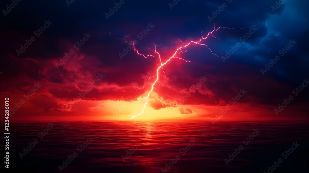 Obraz premium Fiery Lightning Strikes Dark Ocean