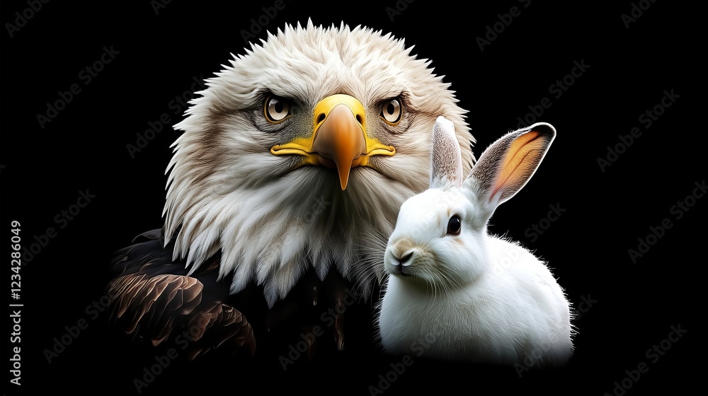 Majestic Eagle and Innocent Rabbit A Striking Contrast on a Black Background, Wildlife Portrait Majestic Eagle and Innocent Rabbit A Striking Contrast on a Black Background, Wildlife Portrait