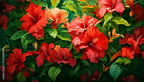 Very colorful seamless pattern of tropical red flowers