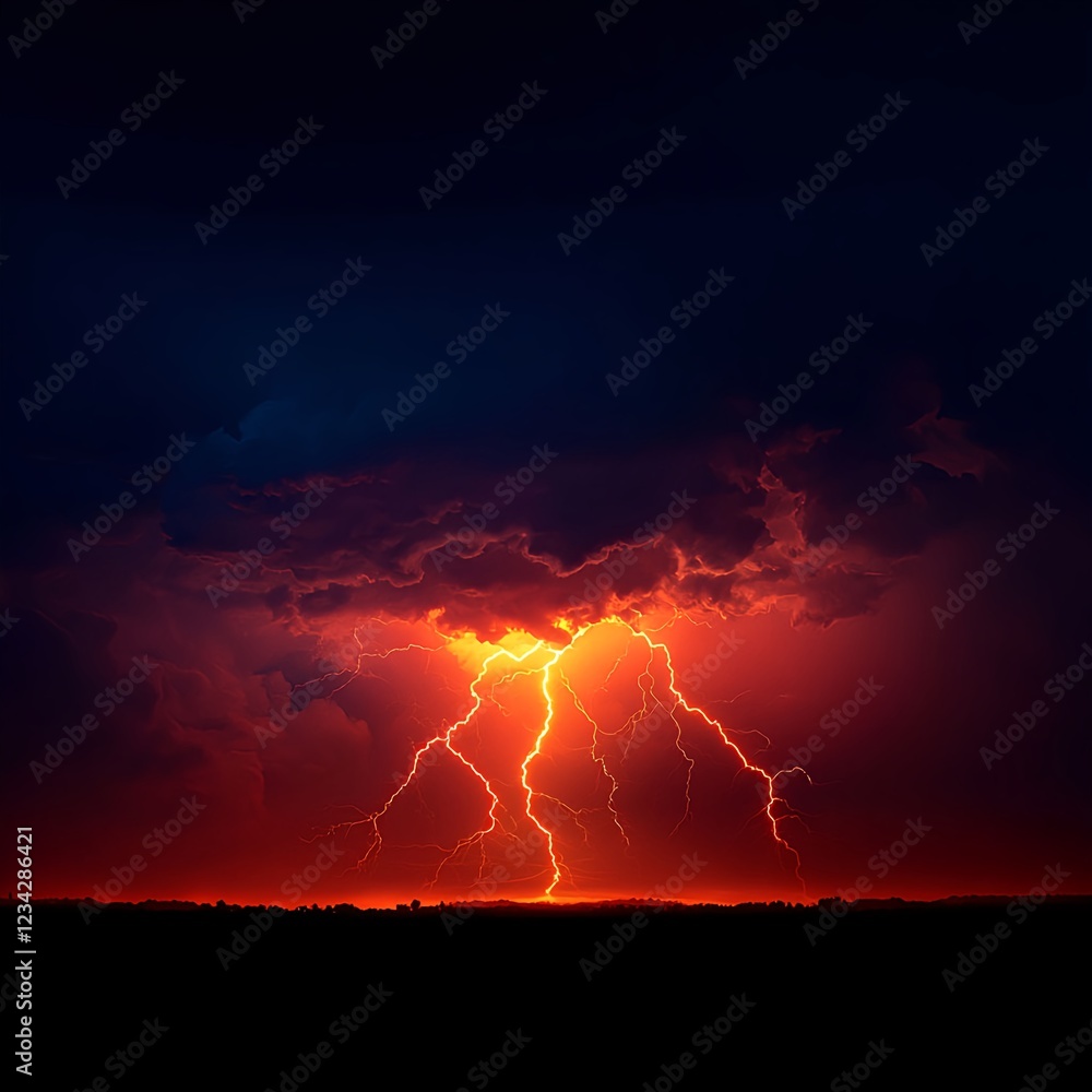 Naklejka premium Fiery Lightning Strikes During Dramatic Night Storm