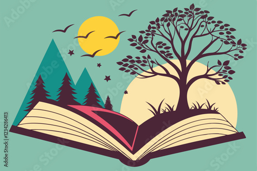 Open book, surreal landscape, pop-up art, collage style, tree silhouette, geometric shapes, yellow sun, teal background, abstract elements, mixed media, vibrant colors, whimsical composition, creati